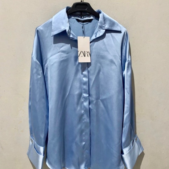 NEW WITH TAGS! ZARA SATIN POWDER BLUE DROP-SHOULDER SHIRT - Picture 3 of 4
